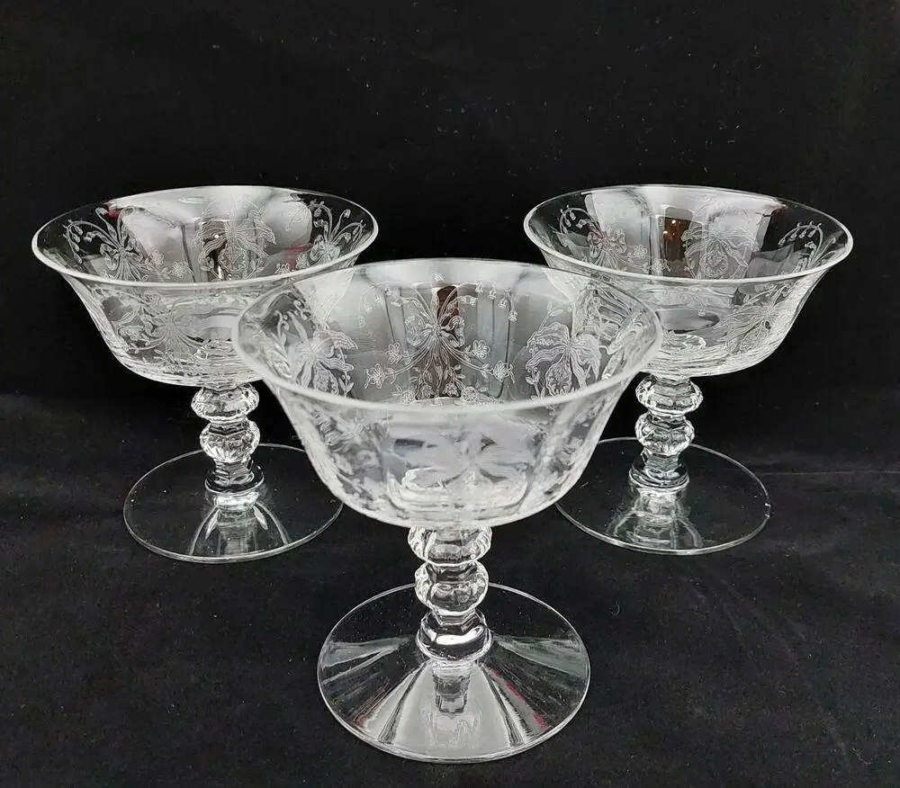 Vintage Heisey Orchid Etched Crystal Low Sherbet Champagne Coupe Glasses Set 3